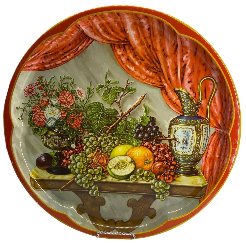 Vintage Round Metal Tray DAHER DECORATED WARE Made in England Fruit Flowers Ewer